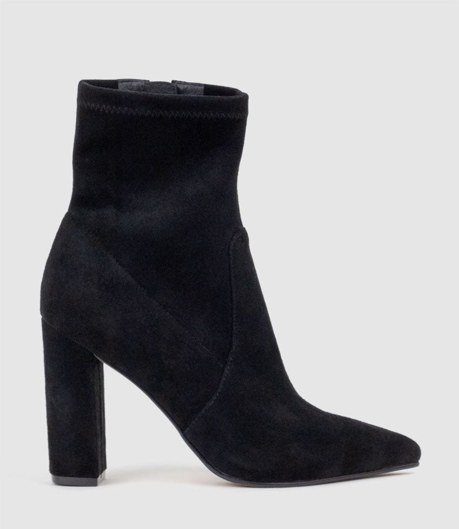 Edward Meller Zenya100 Block Heel Sock Boot In Black Suede Best