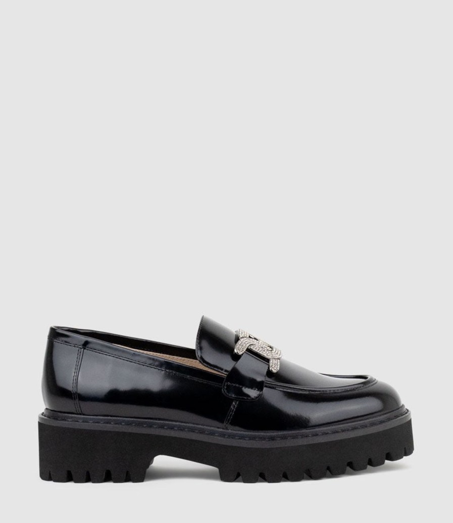 Edward Meller Gillie Moccasin With Crystal Trim In Black High Shine Best