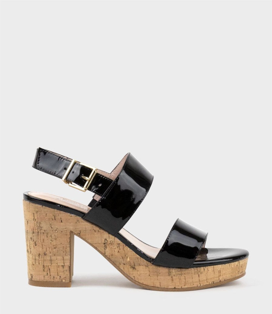 Edward Meller Rana80 Two Strap Sandal On Cork Unit In Black Patent Hot