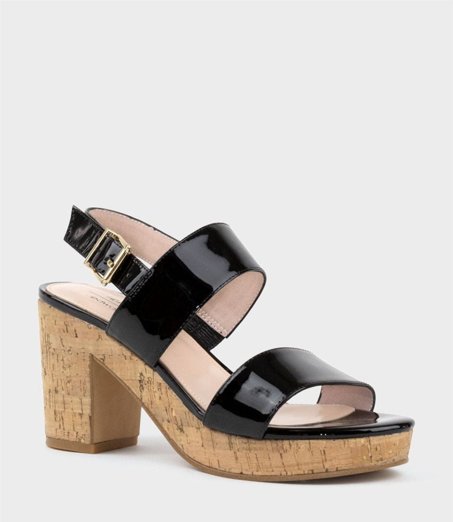 Edward Meller Rana80 Two Strap Sandal On Cork Unit In Black Patent Hot