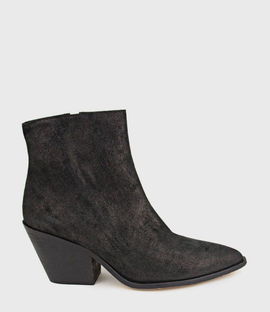 Edward Meller Xilla Western Style Ankle Boot In Black Iron Suede New