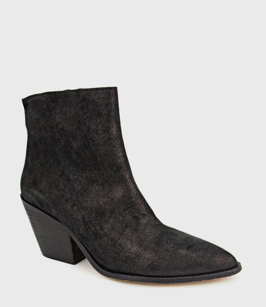 Edward Meller Xilla Western Style Ankle Boot In Black Iron Suede New