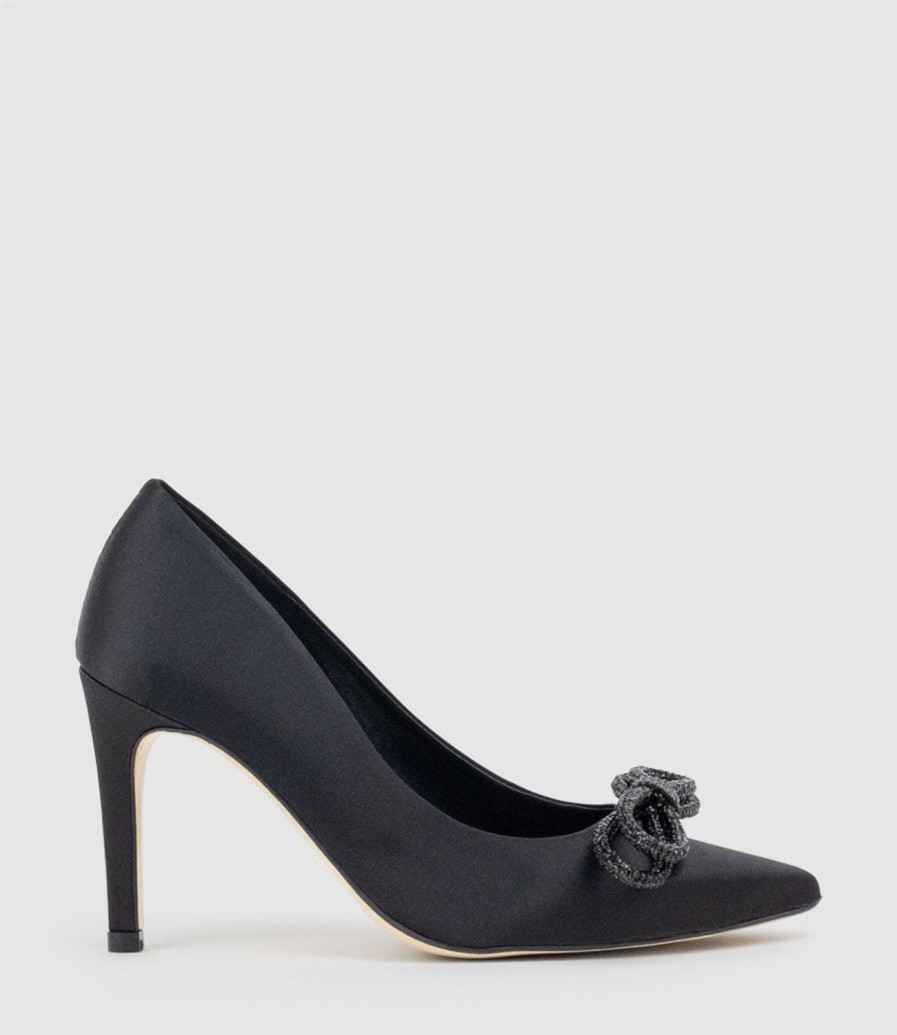 Edward Meller Astiria90 Pump With Crystal Bow In Black Satin Clearance