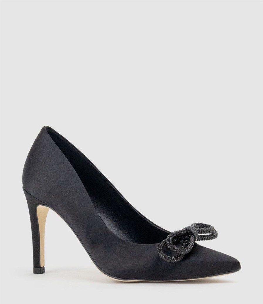 Edward Meller Astiria90 Pump With Crystal Bow In Black Satin Clearance