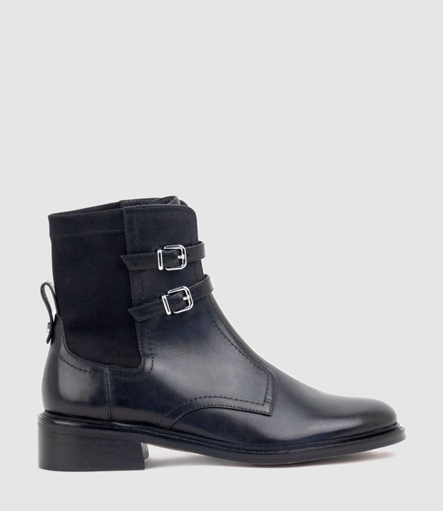 Edward Meller Willis30 Two Buckle Ankle Boot In Black Waxy Calf Clearance