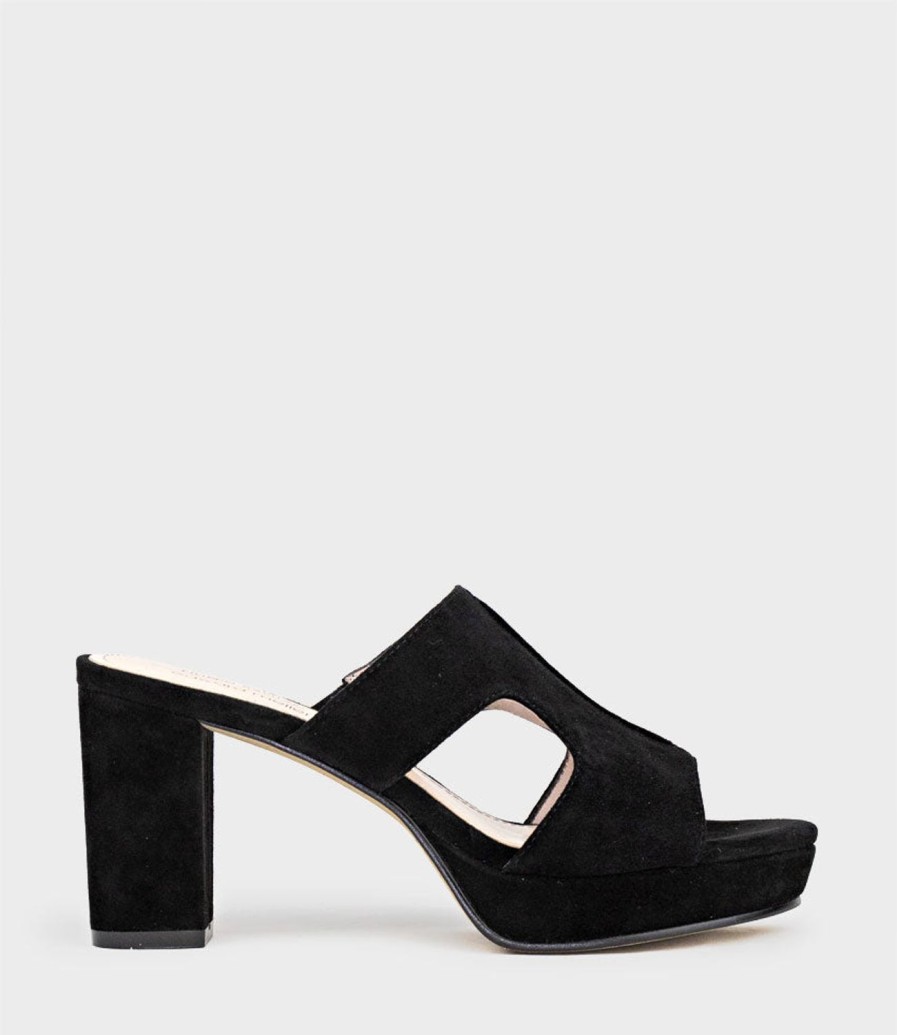 Edward Meller Iris80 Platform Slide With Cut-Out In Black Suede Clearance