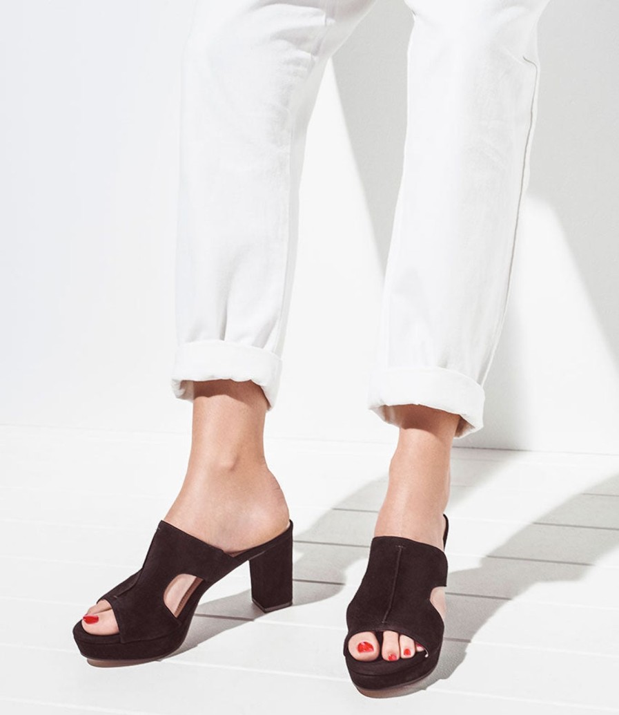 Edward Meller Iris80 Platform Slide With Cut-Out In Black Suede Clearance