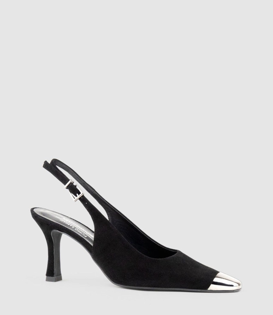 Edward Meller Delina75 Cap Toe Slingback Pump In Black Suede Wholesale