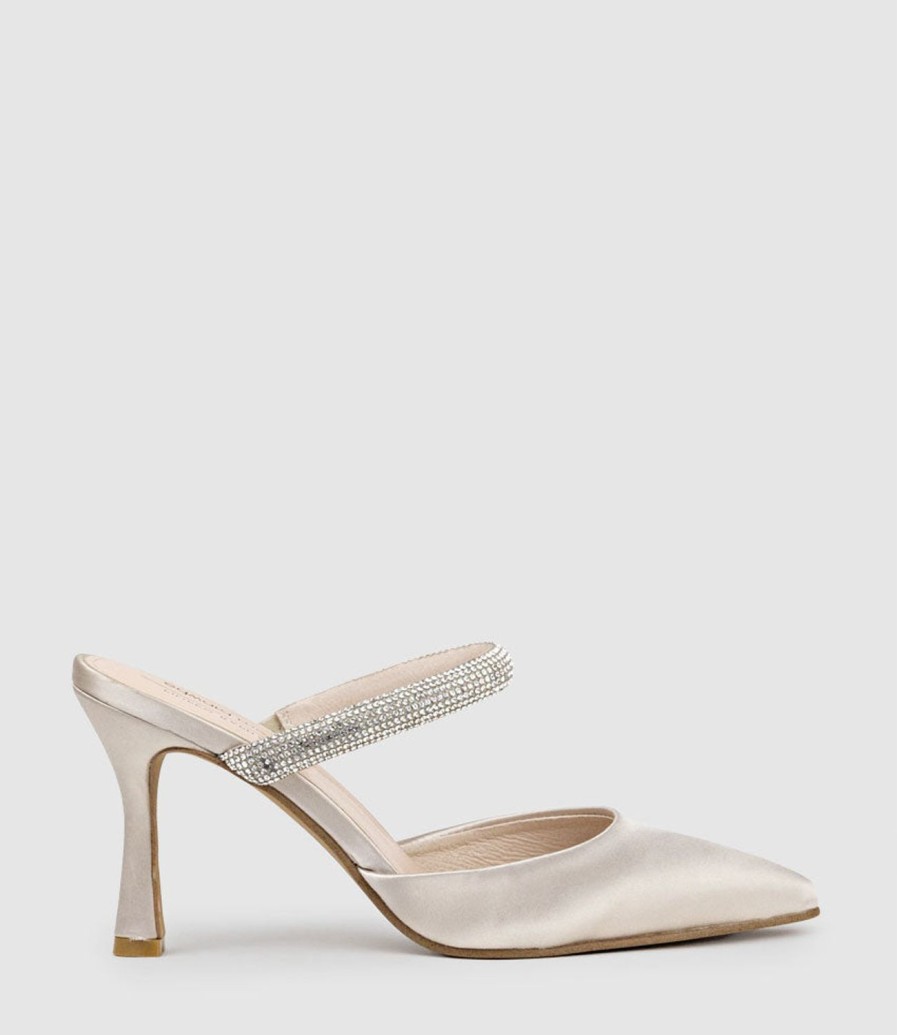 Edward Meller Alexa85 Closed Toe Slide With Diamante Band In Champagne Satin New