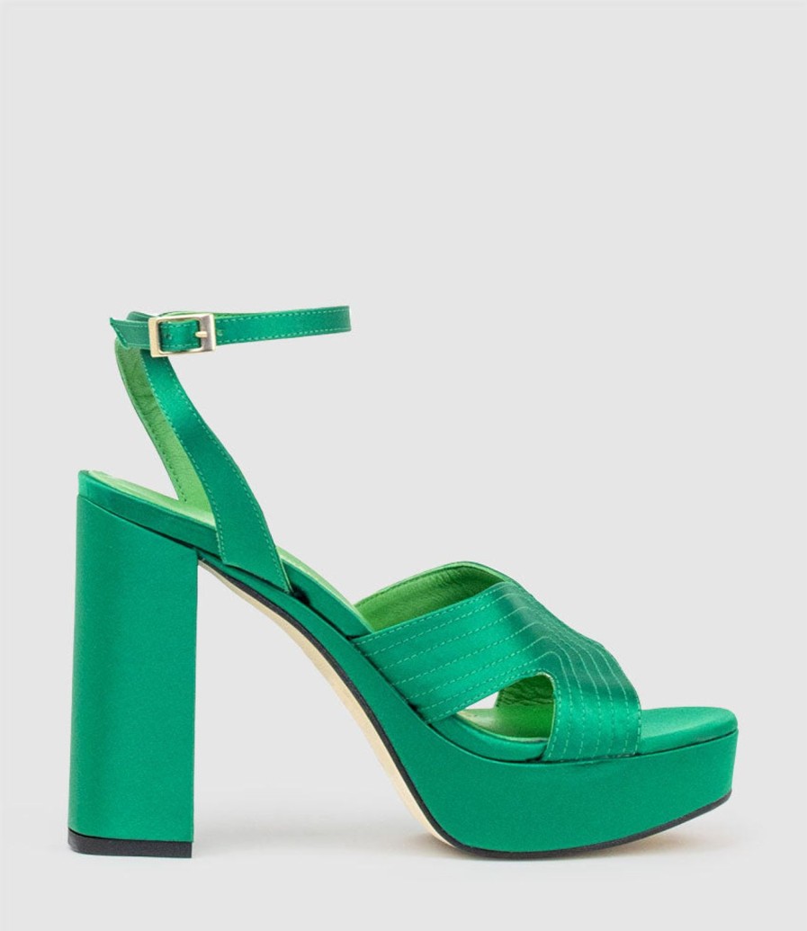 Edward Meller Rosalia100 Stitched Detail Platform Sandal In Green Satin Clearance