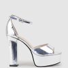 Edward Meller Roxy125 Open Toe Platform Sandal In Silver Mirror New