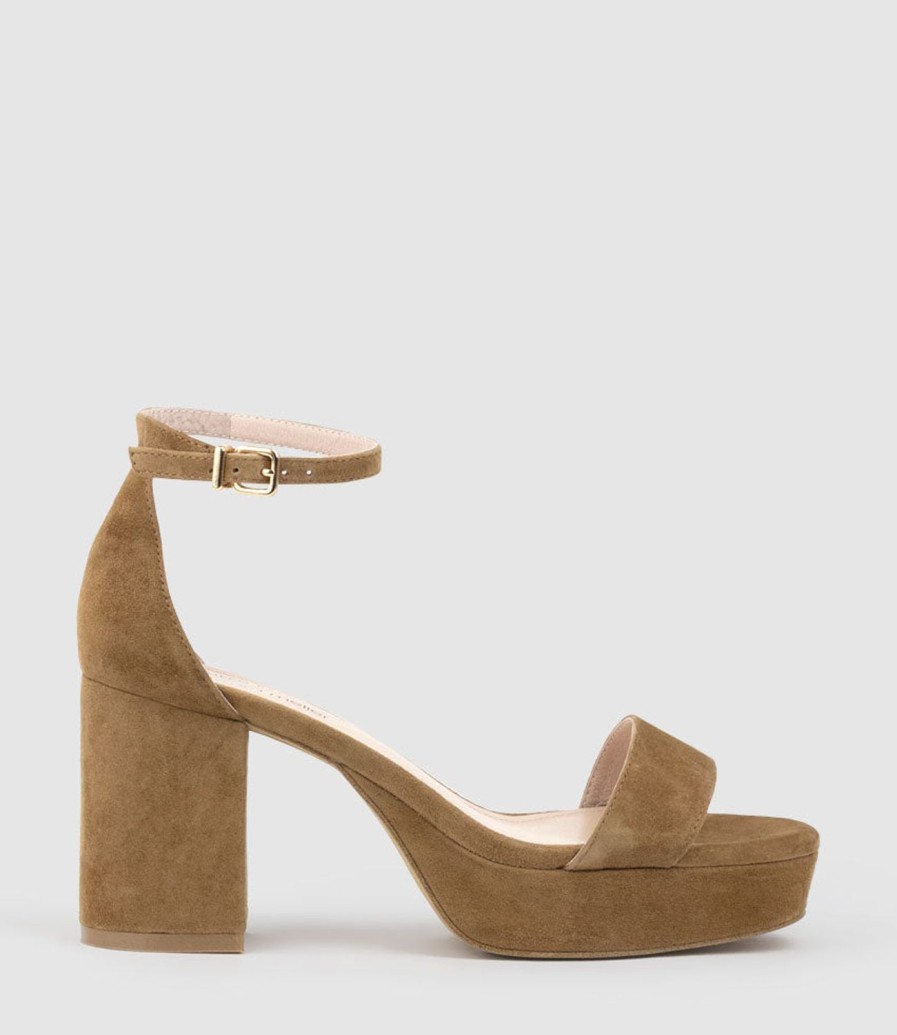 Edward Meller Resdin80 Single Strap Platform Sandal In Tawny Suede New