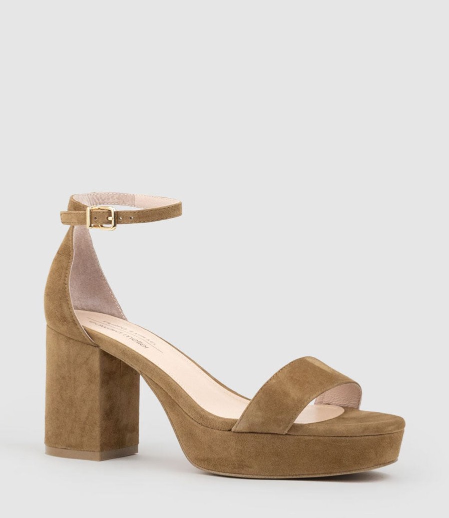 Edward Meller Resdin80 Single Strap Platform Sandal In Tawny Suede New