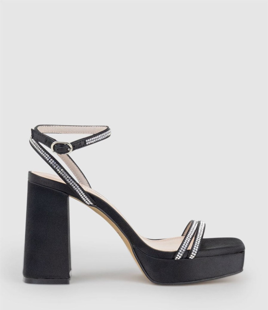 Edward Meller Rasso95 Platform Sandal With Diamante Straps In Black Satin Clearance