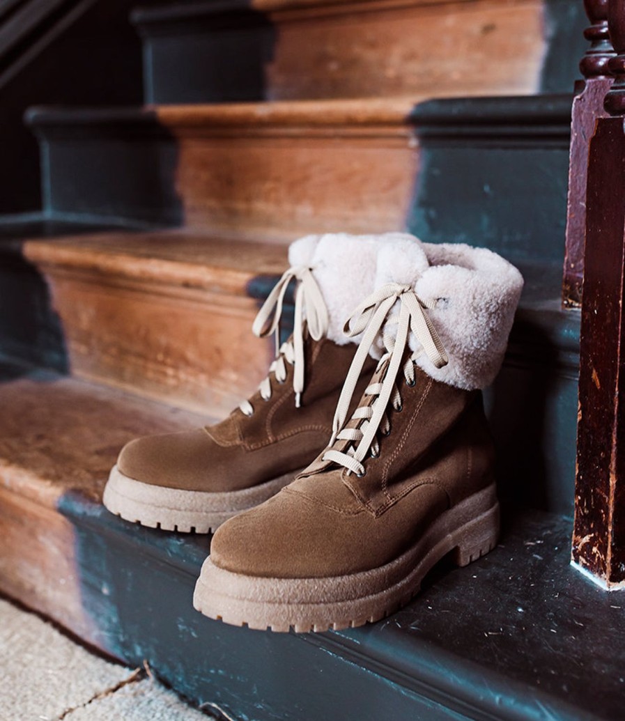 Edward Meller Victor Shearling Collar Lace Up Boot In Walnut Suede Best