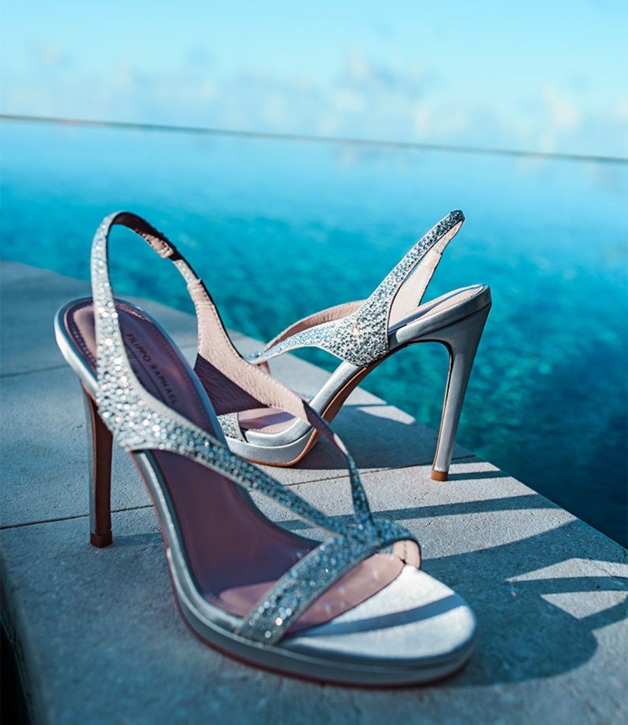 Edward Meller Wonder110 Jewelled Platform Sandal In Silver Satin Clearance