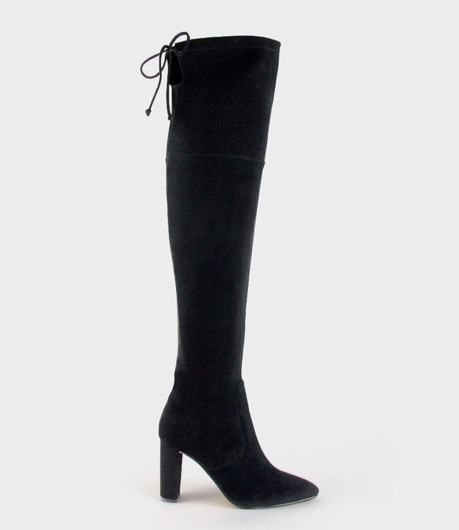 Edward Meller Vixen90 Block Heel Otk Stretch Boot In Black Suede Hot