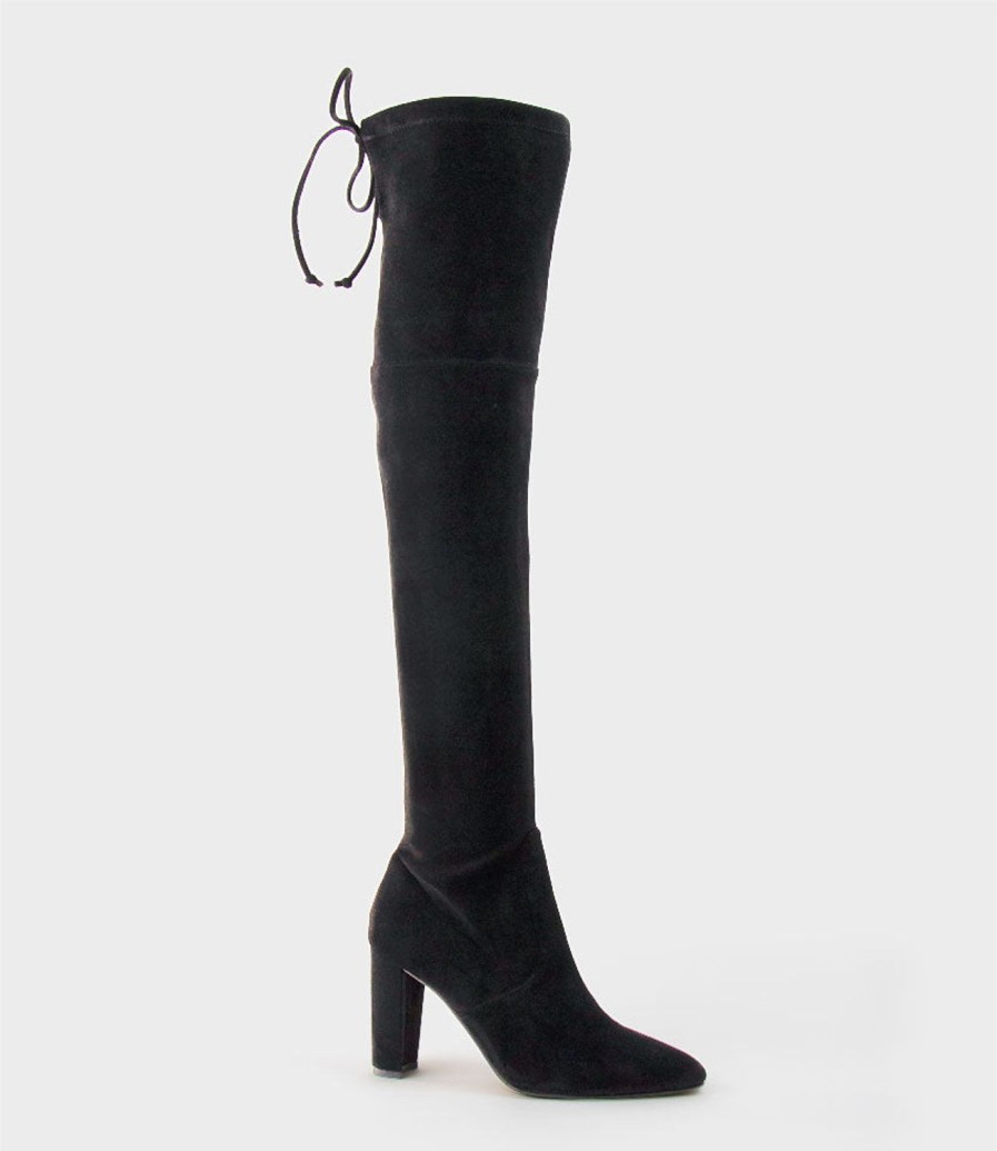 Edward Meller Vixen90 Block Heel Otk Stretch Boot In Black Suede Hot