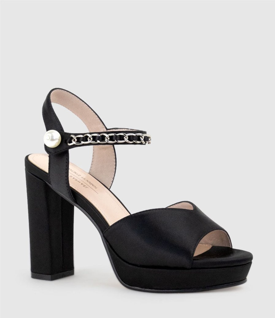 Edward Meller Regan100 Platform Sandal With Chain In Black Satin Online