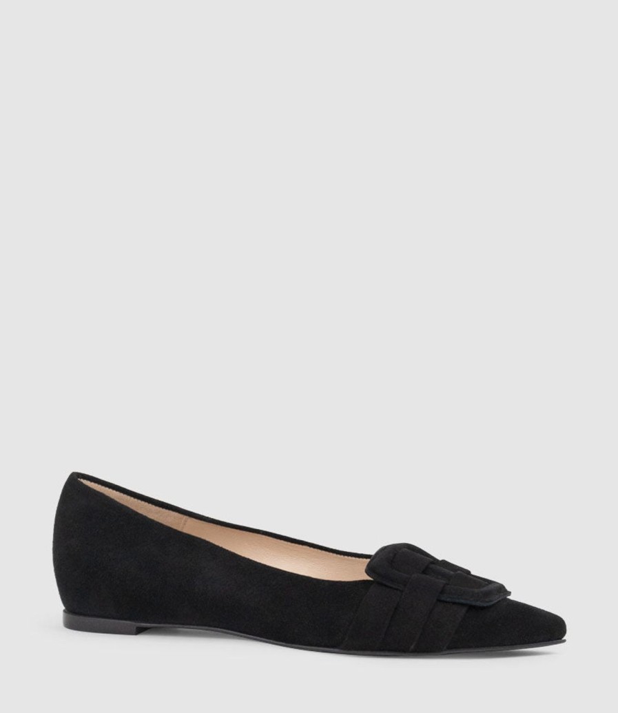 Edward Meller Destraflat Pointed Ballet With Buckle In Black Suede Wholesale