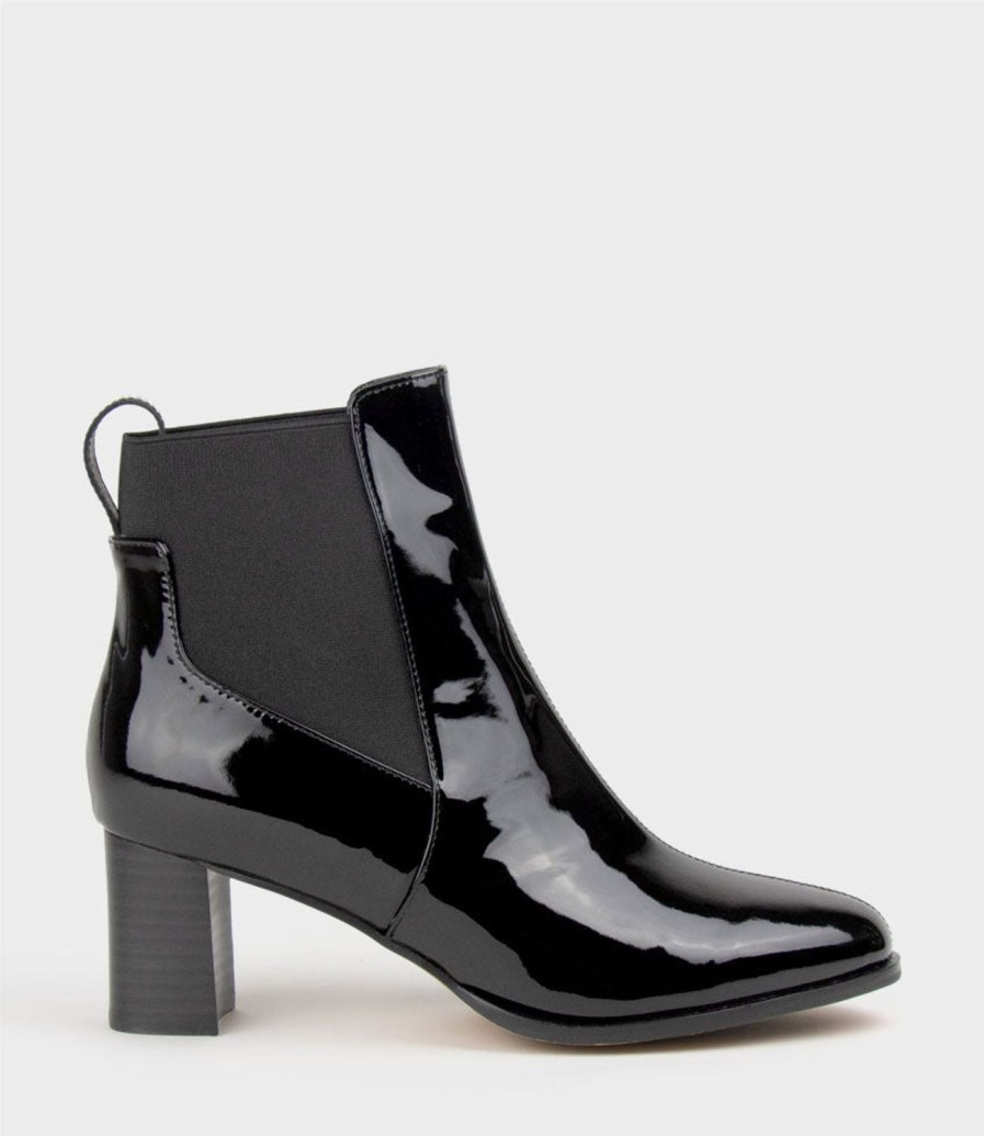 Edward Meller Zappa60 Block Heel Elastic Back Boot In Black Patent Clearance