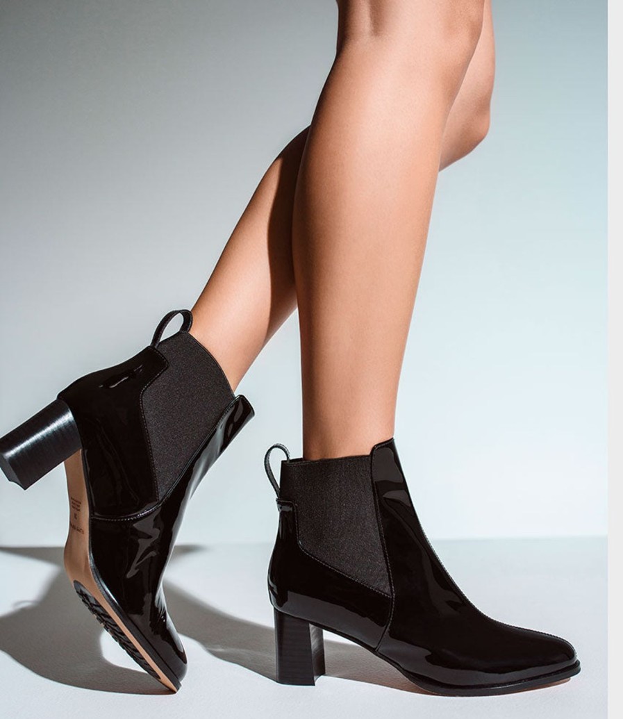 Edward Meller Zappa60 Block Heel Elastic Back Boot In Black Patent Clearance