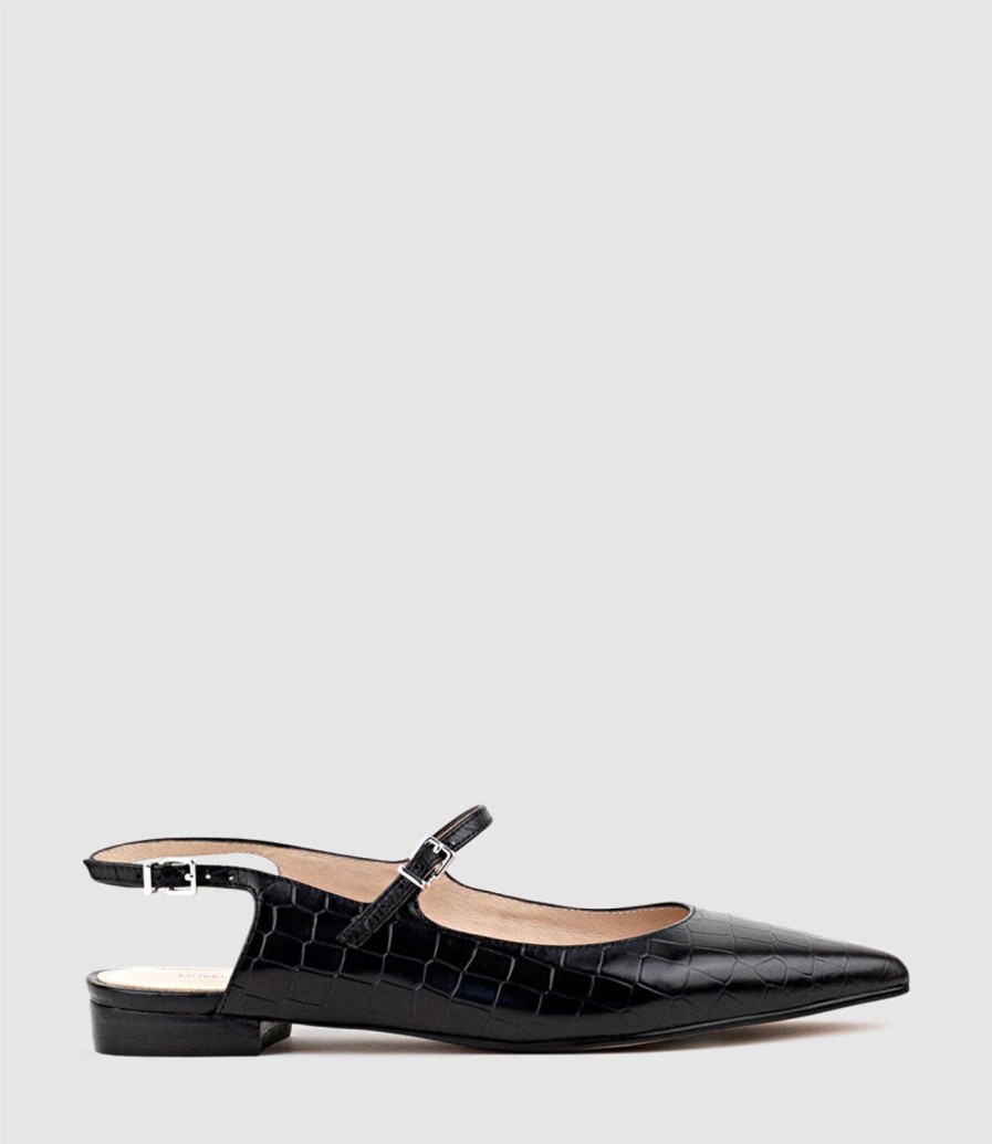 Edward Meller Eugenia Flat Slingback With Strap In Black Croc Hot