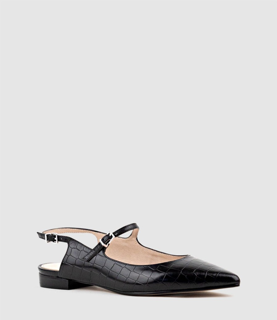 Edward Meller Eugenia Flat Slingback With Strap In Black Croc Hot