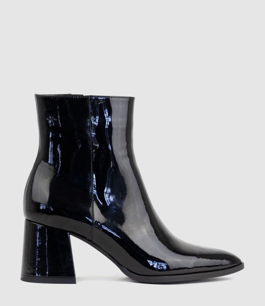 Edward Meller Zafa Pointed Block Heel Ankle Boot In Black Patent Clearance