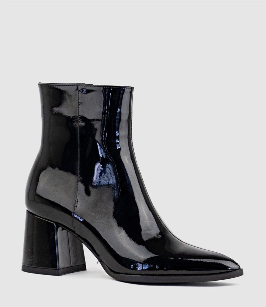 Edward Meller Zafa Pointed Block Heel Ankle Boot In Black Patent Clearance