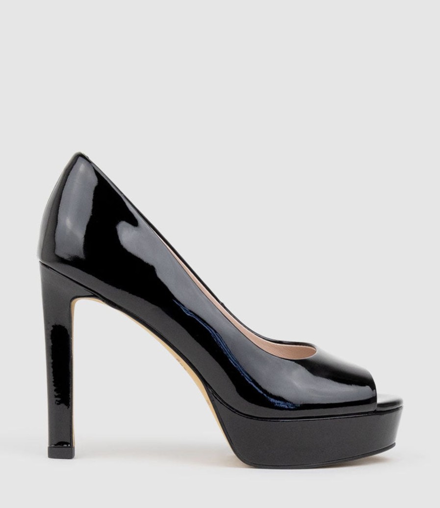 Edward Meller Cadie110 Open Toe Platform Pump In Black Patent New