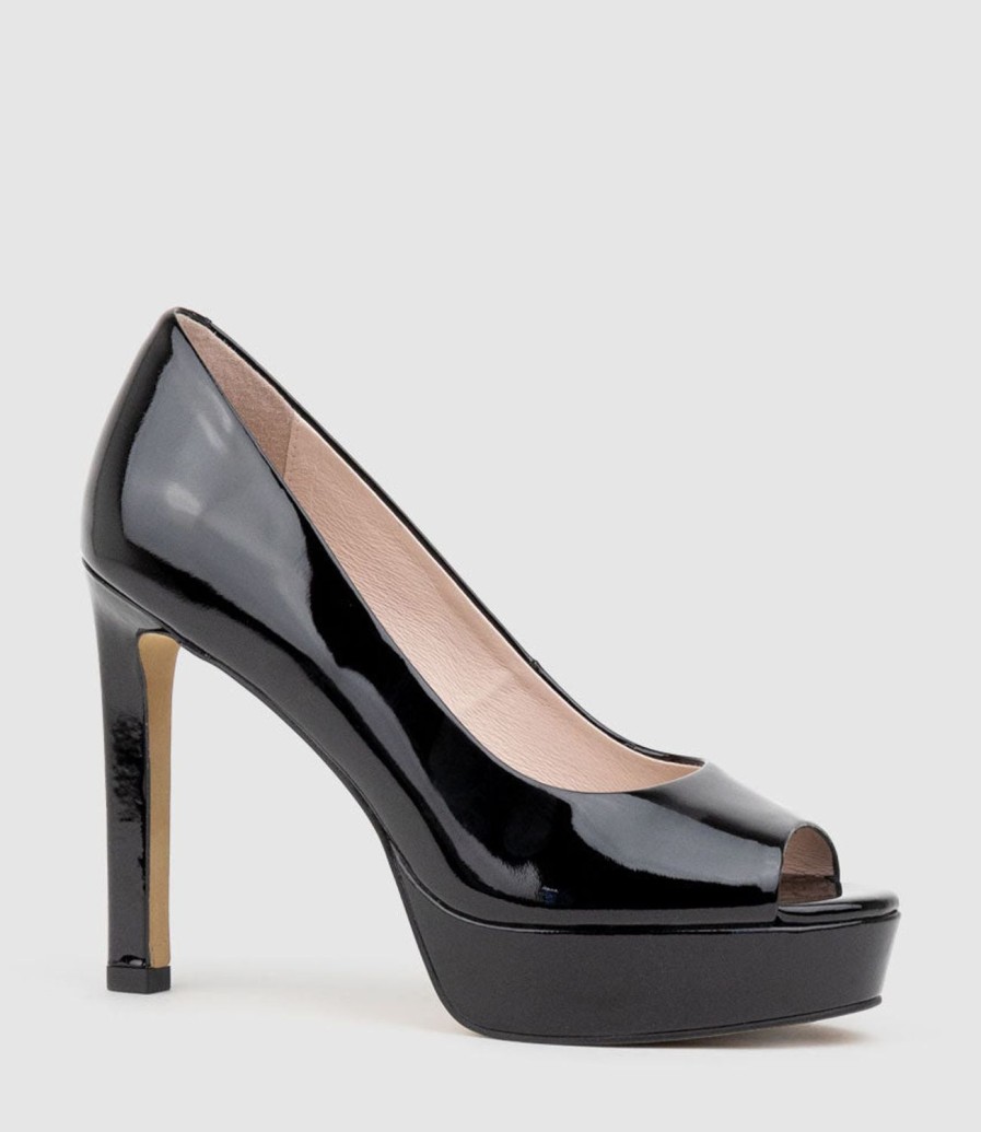 Edward Meller Cadie110 Open Toe Platform Pump In Black Patent New