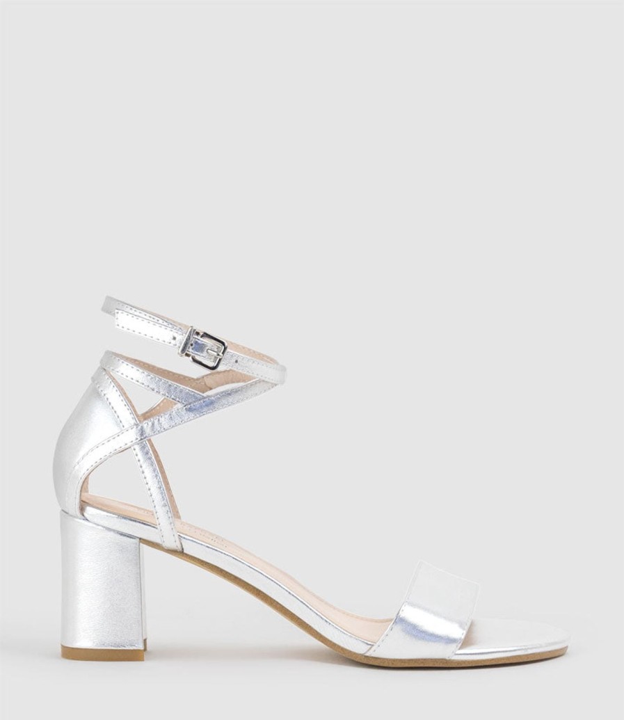 Edward Meller Kenia60 Block Heel Sandal With Hourglass Ankle Wrap In Silver New