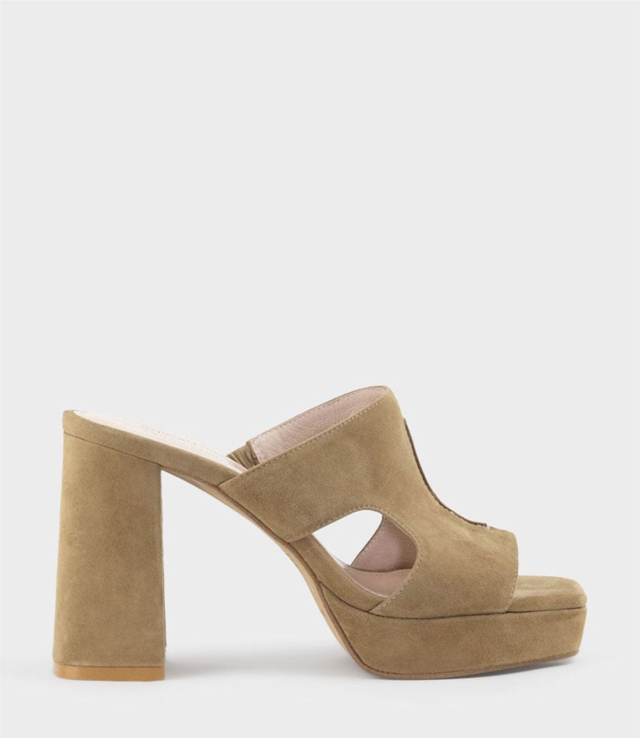 Edward Meller Rylie95 Platform Slide With Cut-Out In Camel Suede New