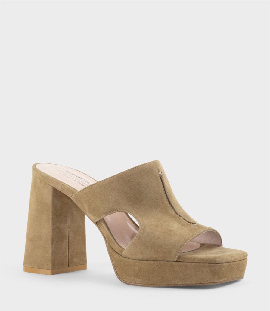 Edward Meller Rylie95 Platform Slide With Cut-Out In Camel Suede New