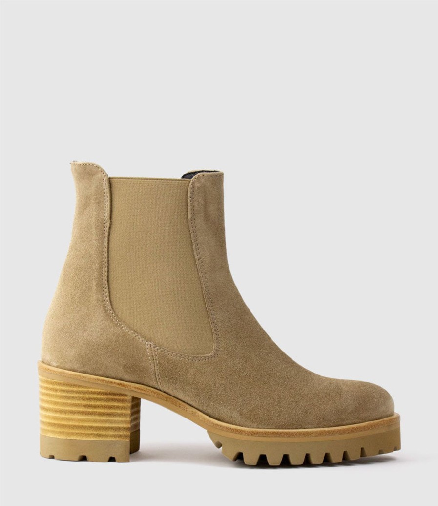 Edward Meller Zola Lug Sole Ankle Boot In Camel Suede Clearance