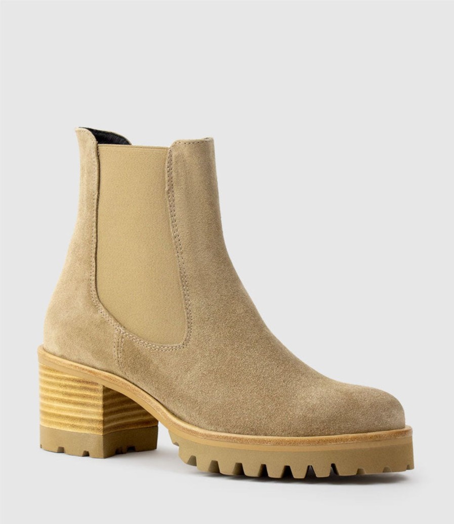 Edward Meller Zola Lug Sole Ankle Boot In Camel Suede Clearance