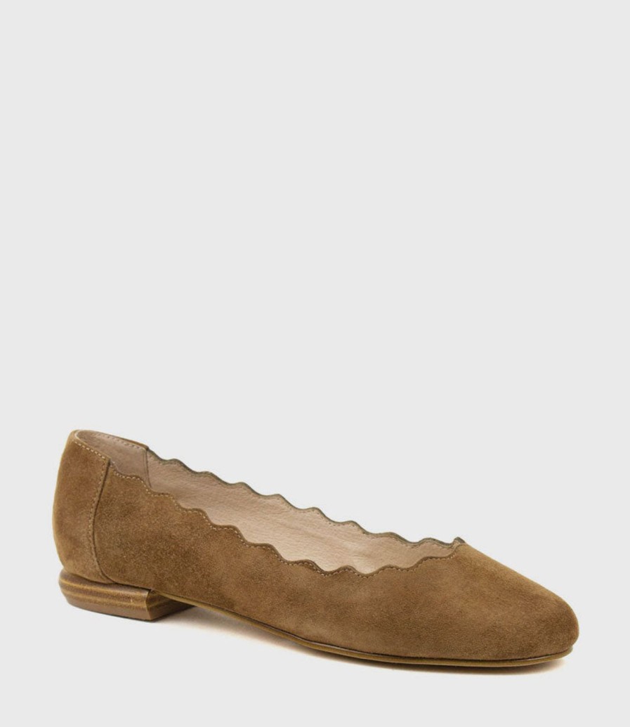 Edward Meller Fara Scalloped Ballet Flat In Tawny Suede New