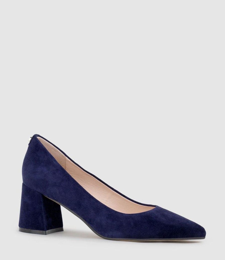 Edward Meller Brooke65 Pointed Block Heel Pump In Navy Suede Best