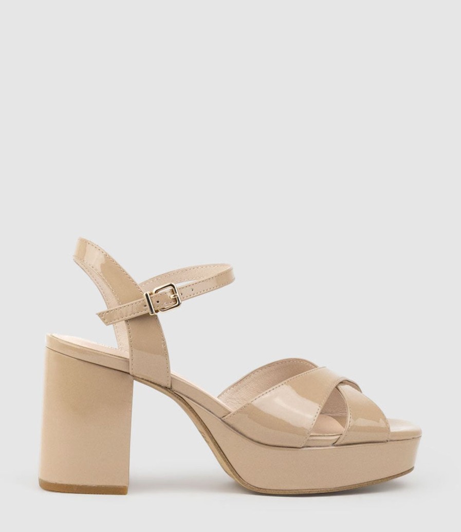 Edward Meller Roane80 Crossover Platform Sandal In Nude Patent New