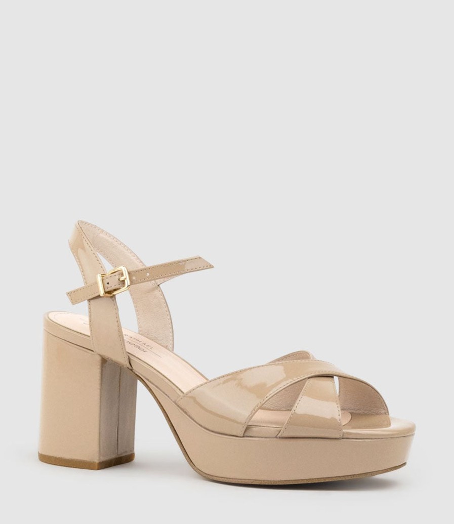 Edward Meller Roane80 Crossover Platform Sandal In Nude Patent New