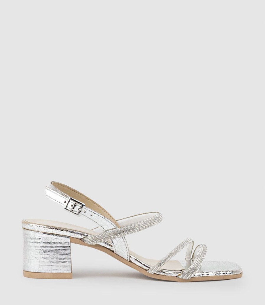 Edward Meller Soiree50 Block Heel Crystal Sandal In Silver Hot