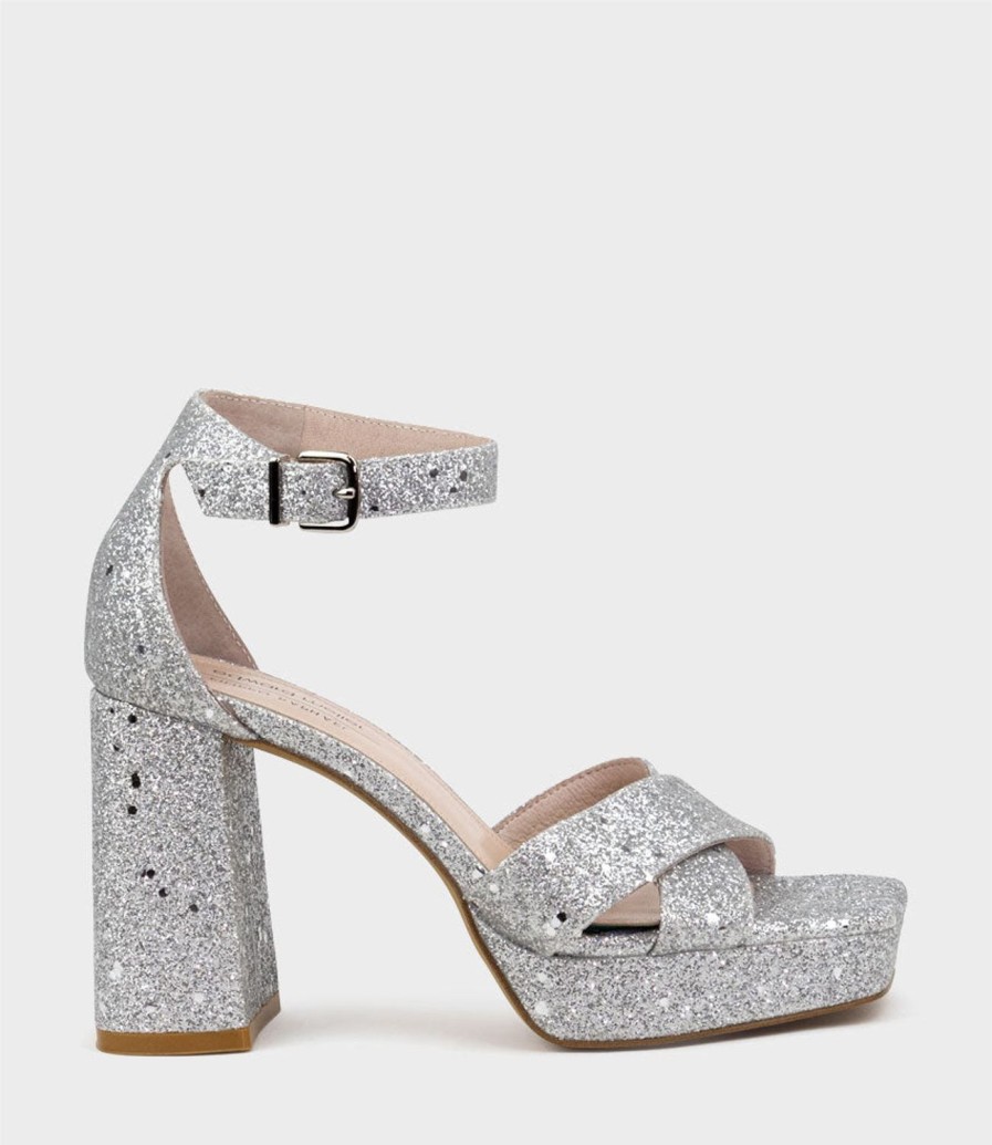 Edward Meller Richie95 Crossover Platform Sandal In Silver Sparkle Clearance