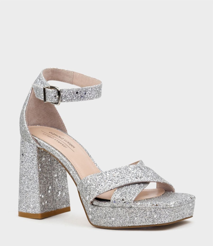 Edward Meller Richie95 Crossover Platform Sandal In Silver Sparkle Clearance