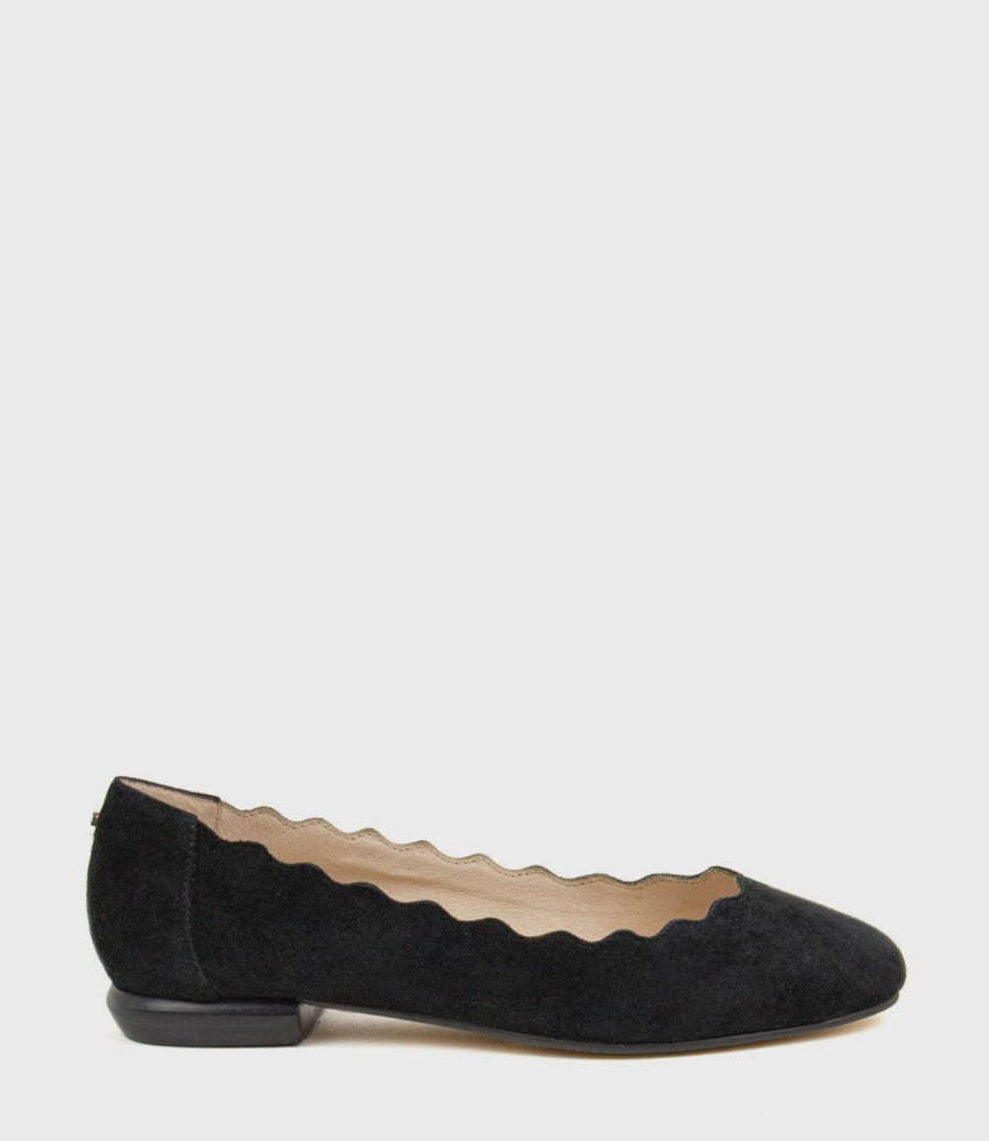 Edward Meller Fara Scalloped Ballet Flat In Black Suede Wholesale