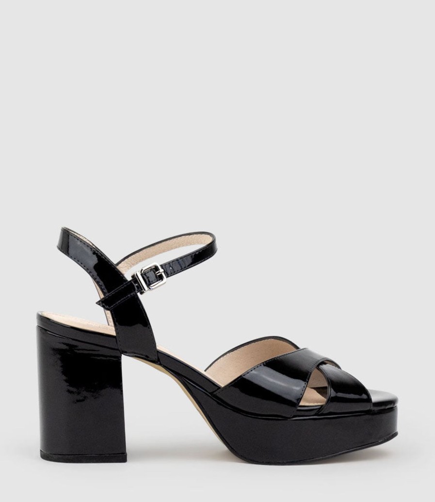 Edward Meller Roane80 Crossover Platform Sandal In Black Patent New