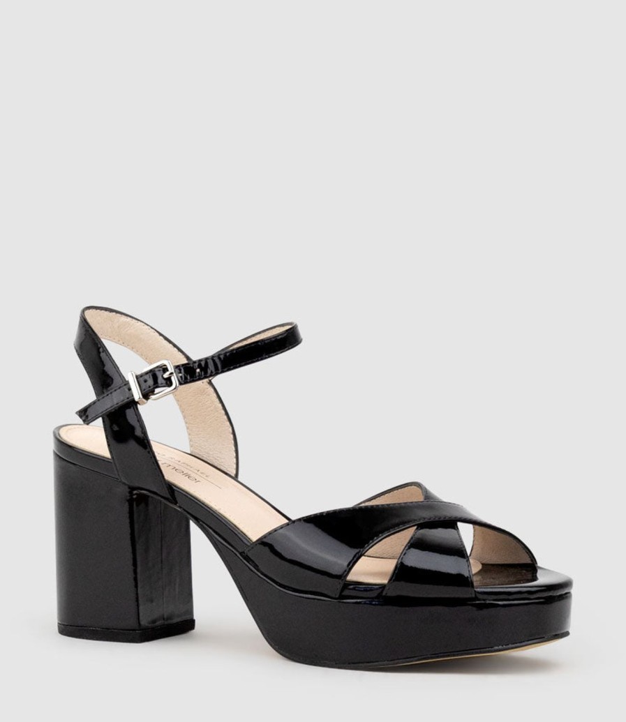 Edward Meller Roane80 Crossover Platform Sandal In Black Patent New