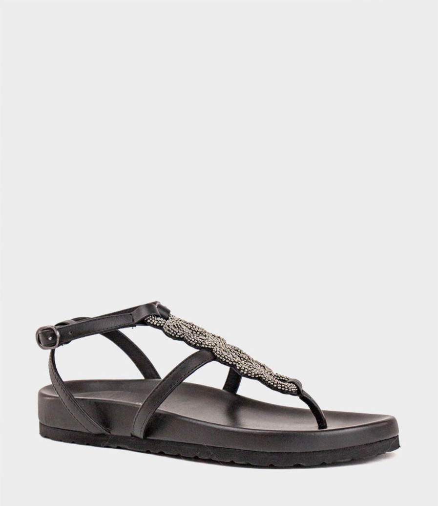 Edward Meller Saria Embroidered Sandal On Footbed In Black Best