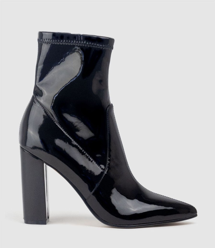 Edward Meller Zenya100 Block Heel Sock Boot In Black Patent Clearance