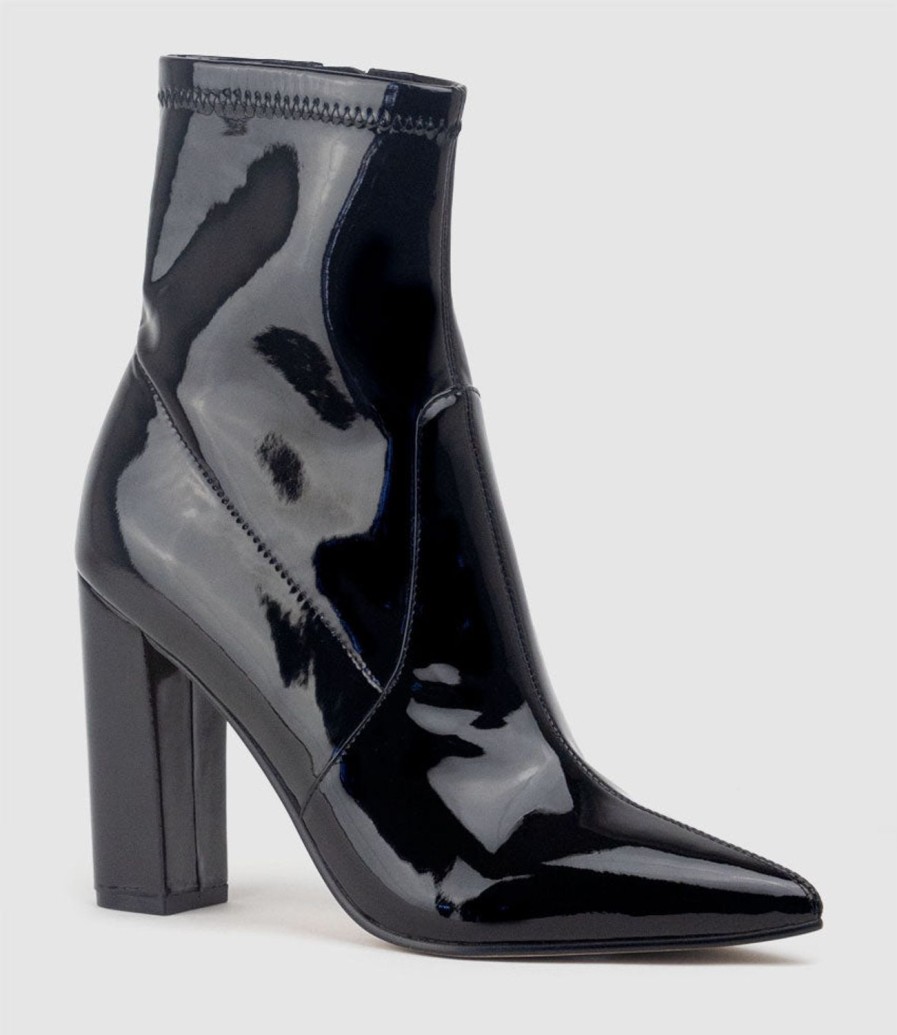 Edward Meller Zenya100 Block Heel Sock Boot In Black Patent Clearance